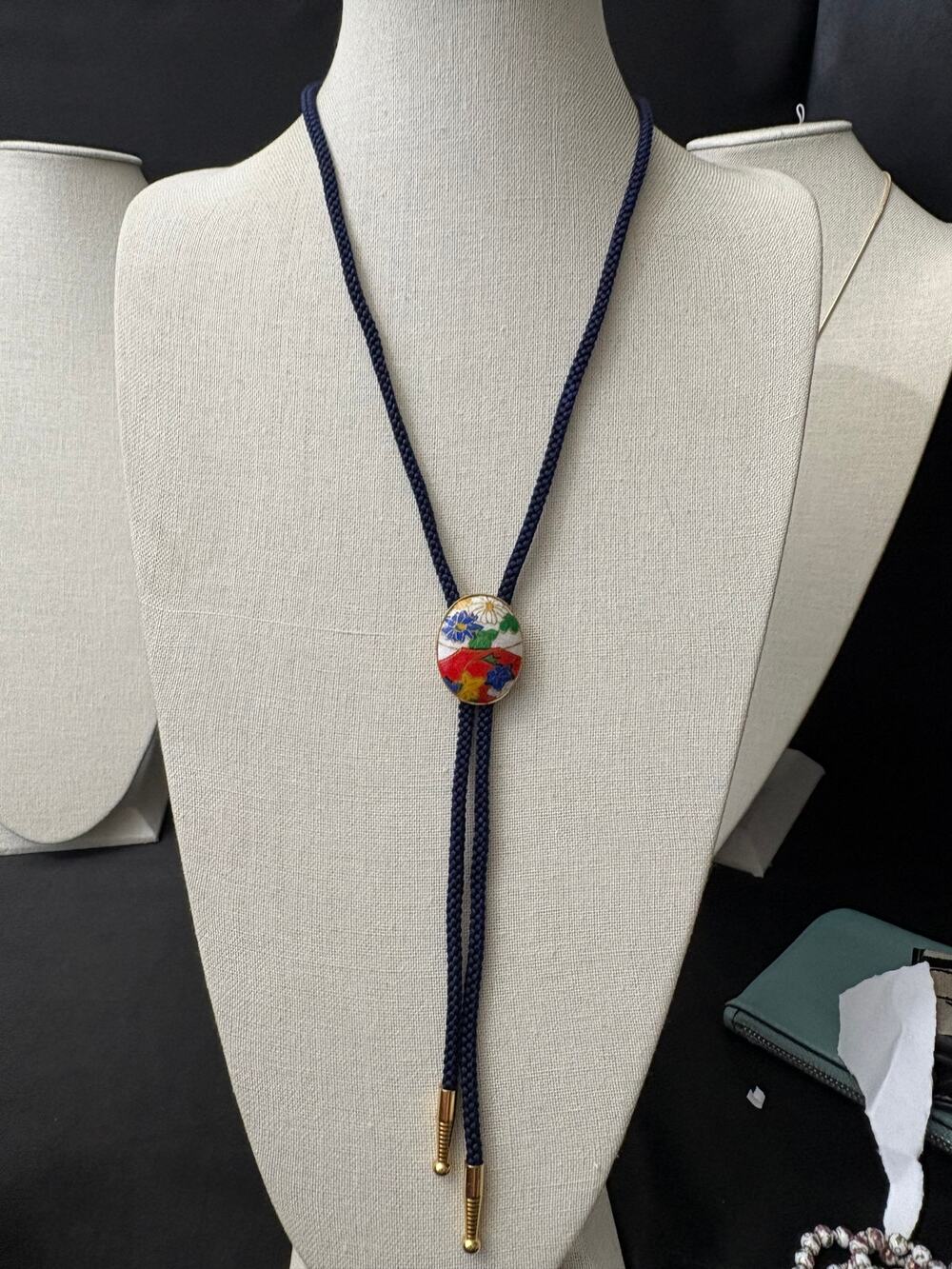 Vintage Cloisonne Bead Bolo Style Necklace Blue Cord Gold Tone